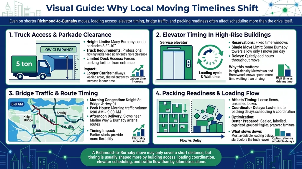 Strategic logistics breakdown explaining why local moving timelines shift due to property access hurdles, transit schedules, and unexpected relocation delays for better move-day planning.