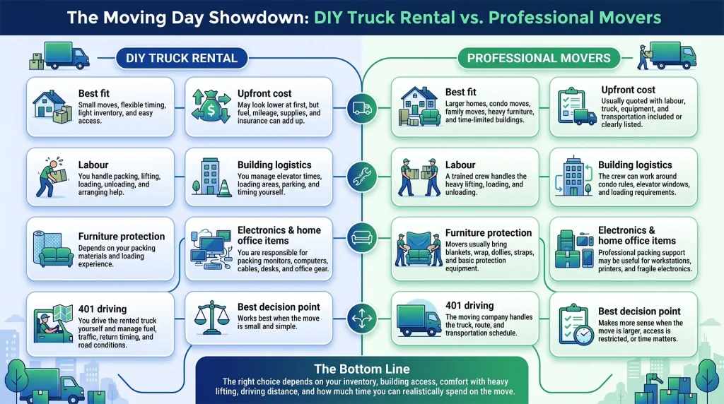 DIY truck rental versus professional movers comparison showing cost, effort, and convenience differences during a home move.