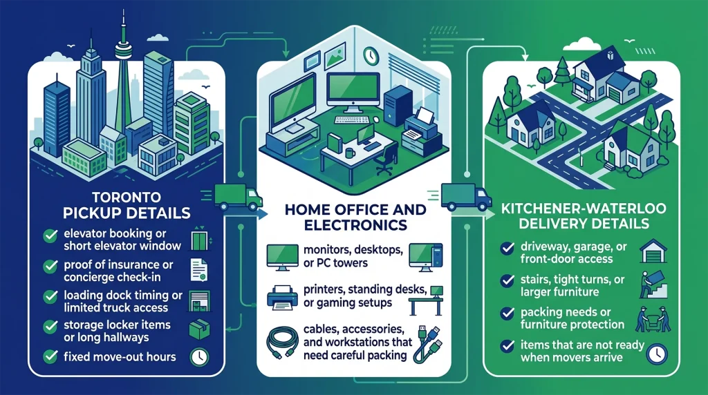Moving-day logistics that impact the final quote including elevator access, parking distance, and loading conditions.