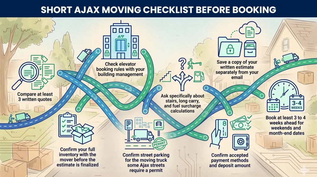 Short Ajax moving checklist before booking a moving company.