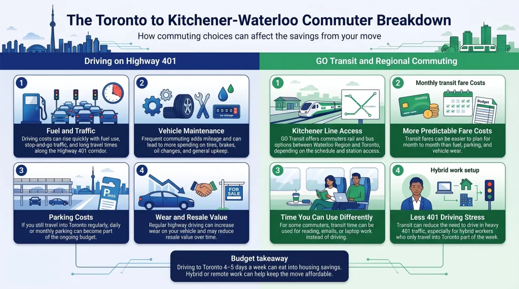 Toronto to Kitchener-Waterloo commuter breakdown comparing driving on Highway 401 and GO Transit travel costs and time.