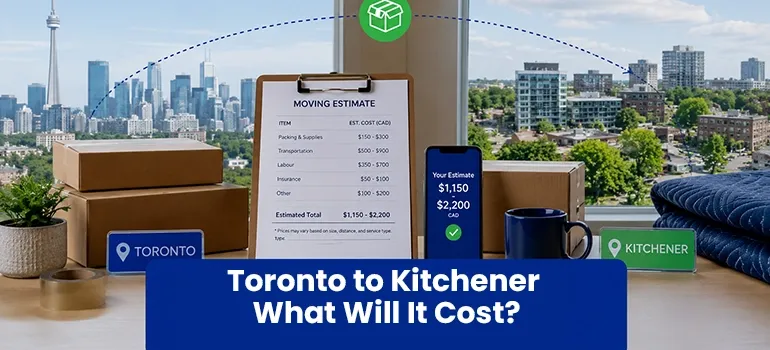 Estimated cost of moving from Toronto to Kitchener based on home size, distance, and moving conditions.