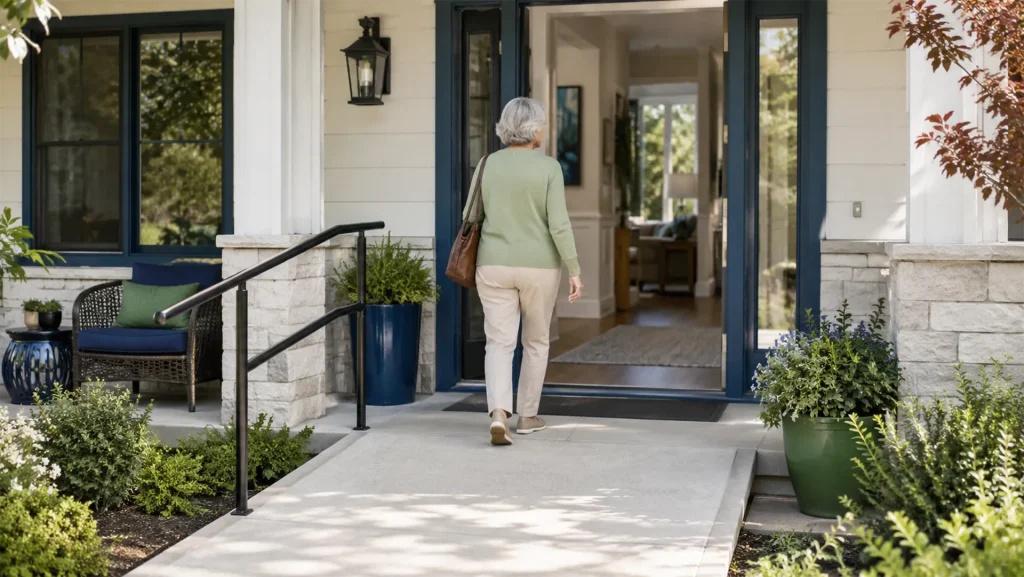 Older adult entering a home with a low-step entrance and accessible walkway