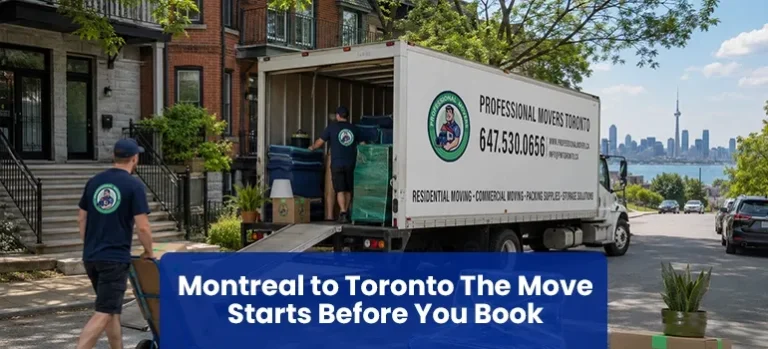Moving boxes and household belongings representing a move from Montreal to Toronto