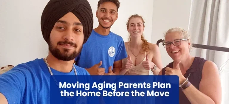 An aging parent and family member reviewing the new home layout before moving day