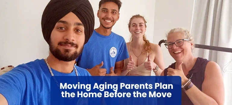 An aging parent and family member reviewing the new home layout before moving day