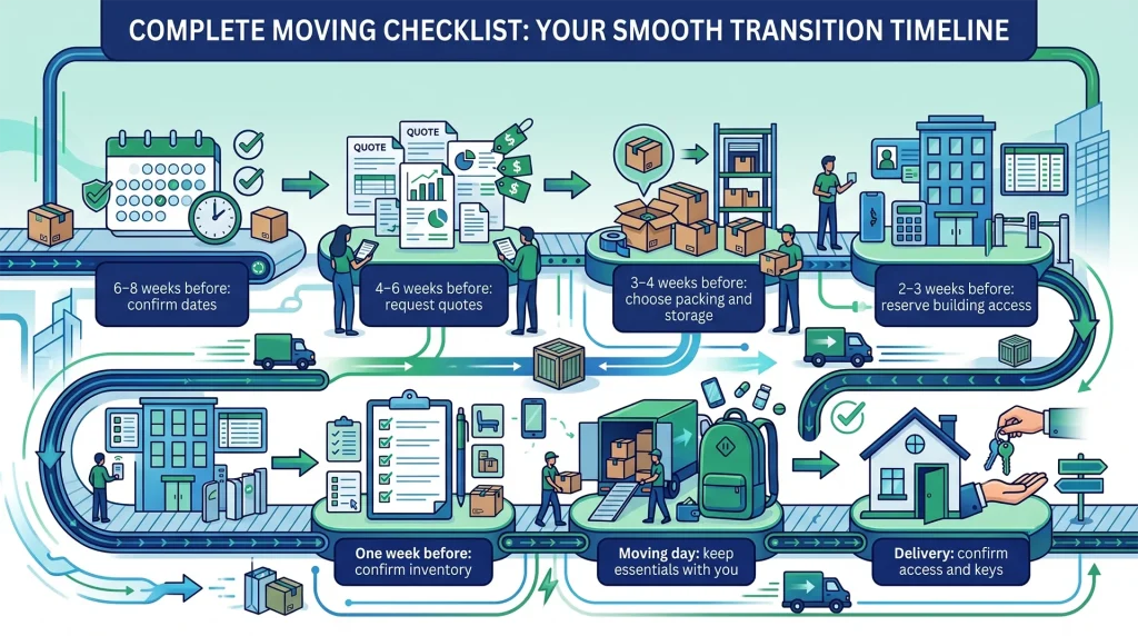 Montreal-to-Toronto moving timeline with key planning steps from booking to delivery