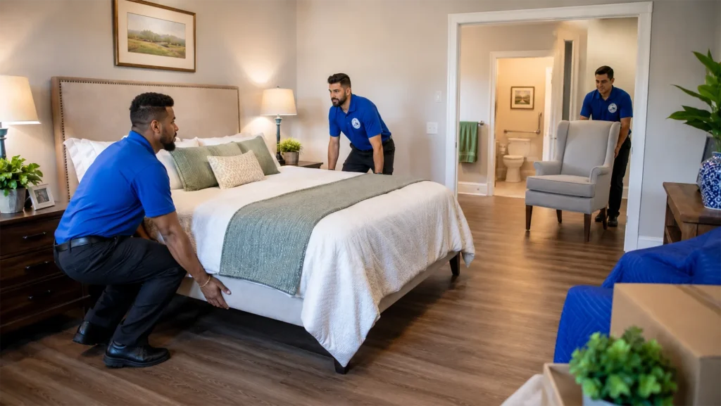 Movers setting up a bedroom and clear walking space for an aging parent