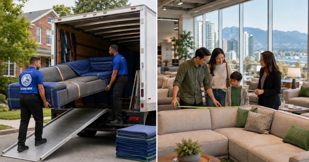 Family comparing the cost of moving furniture with replacing it in Vancouver