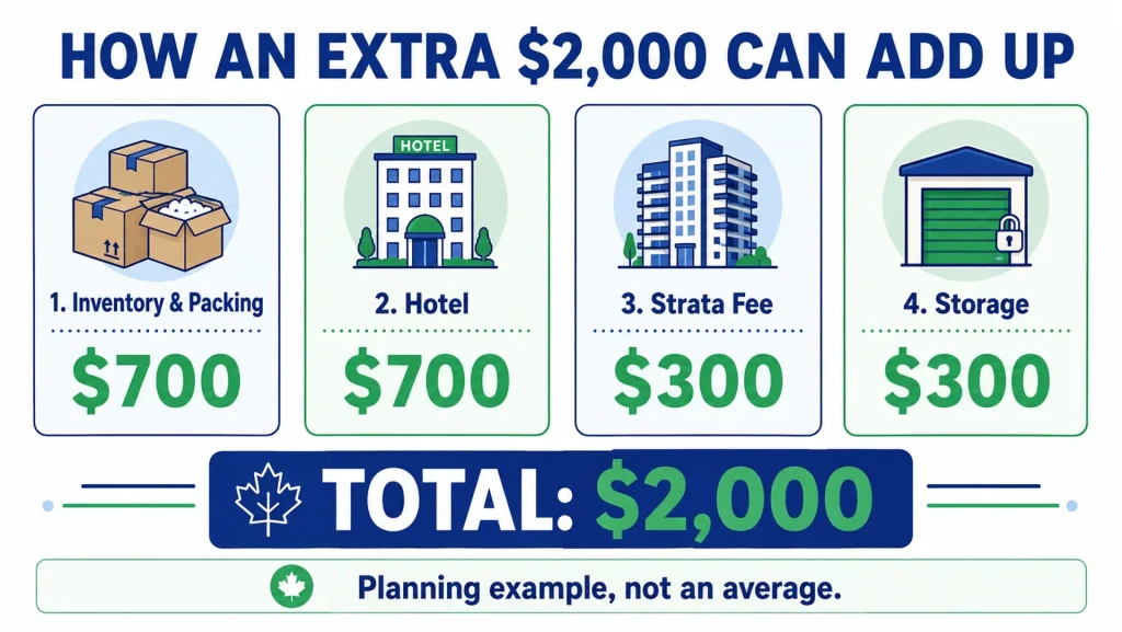 Illustrative $2,000 Toronto-to-Vancouver budget showing inventory, hotel, strata and storage costs