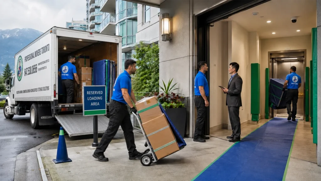 Movers unloading household belongings at a Vancouver condo with reserved building access