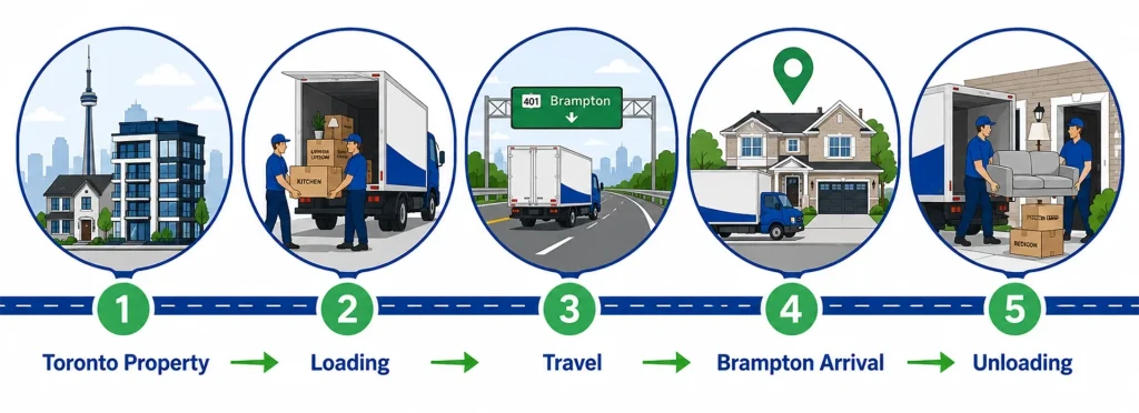 Stages of a Toronto-to-Brampton move from loading through unloading