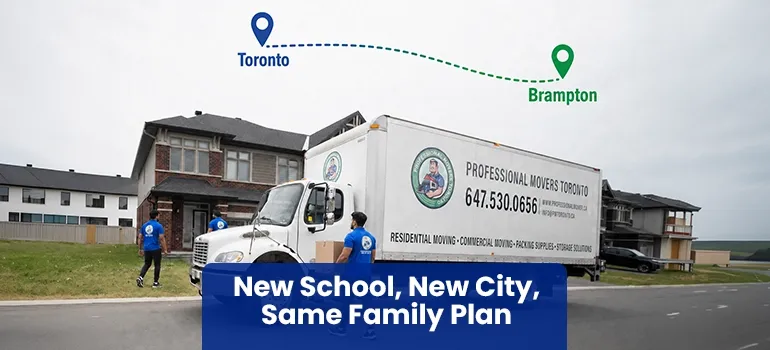 Professional Movers Canada truck and blue-uniformed movers outside a Toronto home before travelling to Brampton