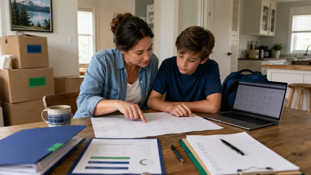 family reviewing school and moving dates