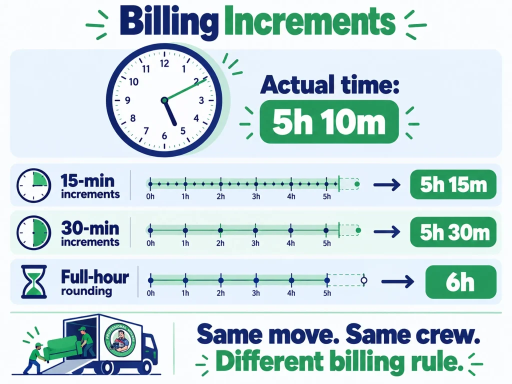 Five-hour-10-minute move shown as 5 hours 15 minutes, 5 hours 30 minutes or 6 hours under different billing increments