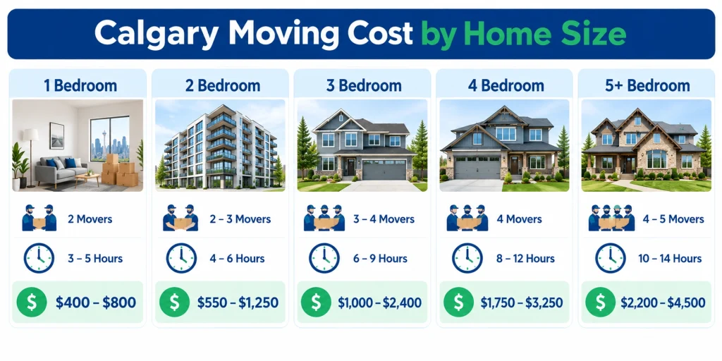 Calgary moving cost ranges by home size, crew size, hours, and labour cost