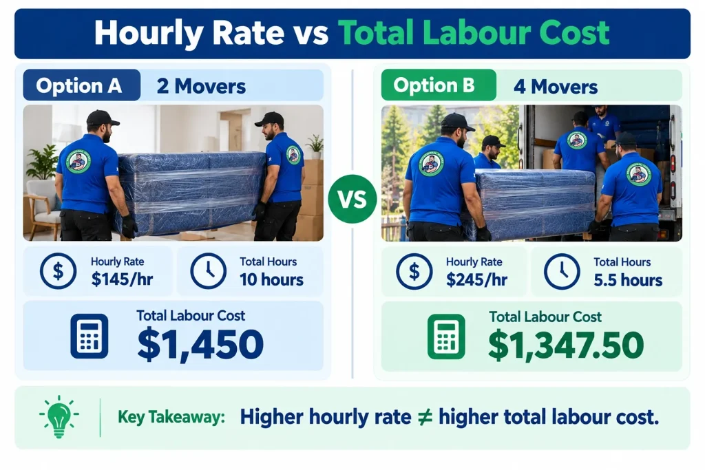 Comparison of two moving options showing how hourly rates and labour hours affect total cost