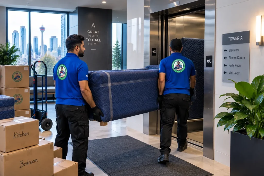 Movers carrying a wrapped sofa into an apartment elevator during a Calgary move