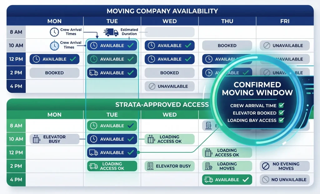 Moving company availability and strata-approved access schedules aligned to show a confirmed moving window