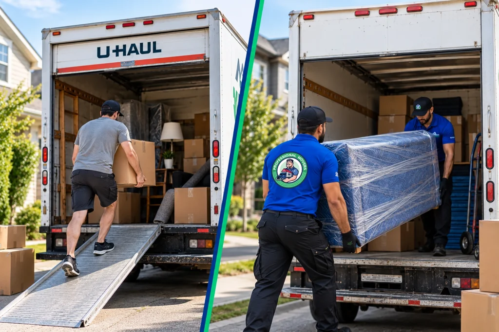 Side-by-side view of a person loading a rental truck and movers loading a professional moving truck