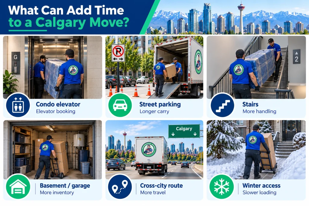 Six factors that can add time to a Calgary move, including elevators, parking, stairs, basements, travel, and winter access