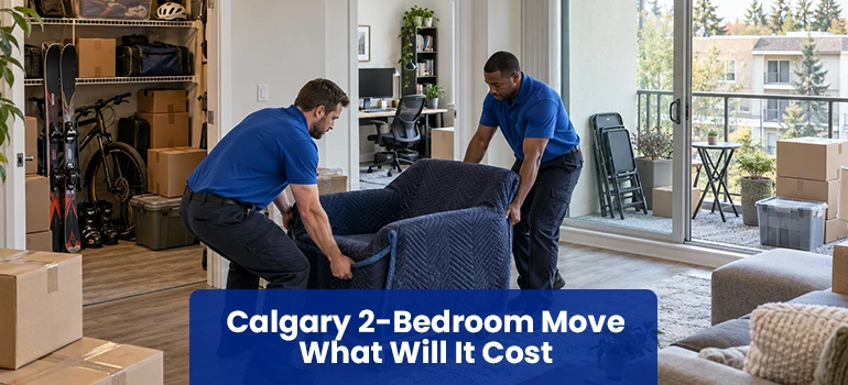 Two movers handling a Calgary apartment move with extra boxes, office furniture and stored items waiting to be moved