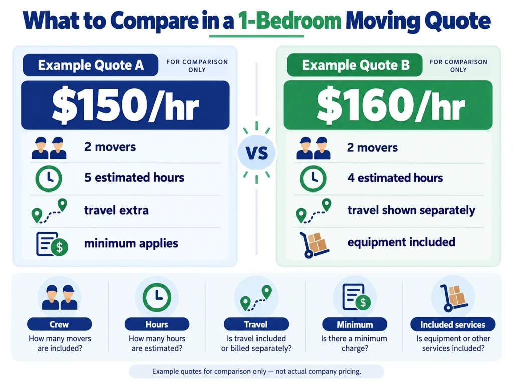 Two Calgary moving quotes compared by hourly rate, labour time, travel charges and included services