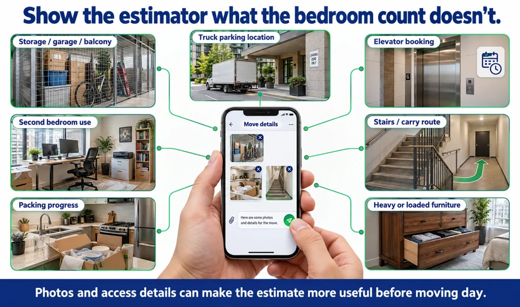 Customer sharing photos of storage, parking, stairs, packing progress and heavy furniture before requesting a moving estimate