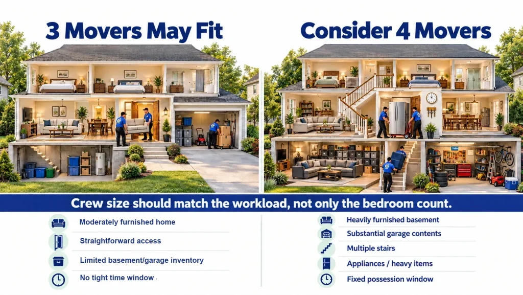 Cutaway of a three-bedroom house showing furniture and stored items in the bedrooms, basement, garage and yard