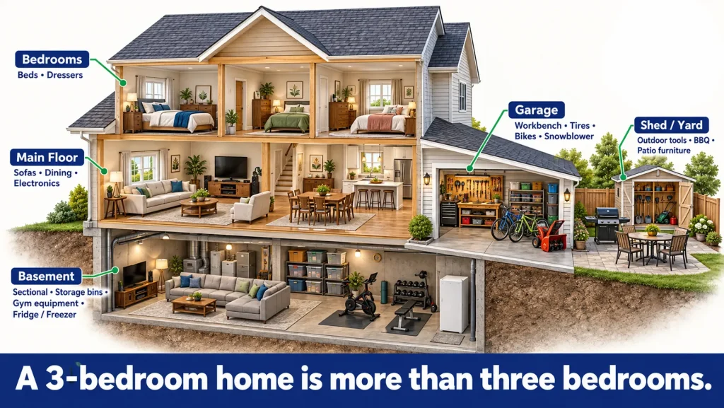 Cutaway of a three-bedroom house showing furniture and stored items in the bedrooms, basement, garage and yard