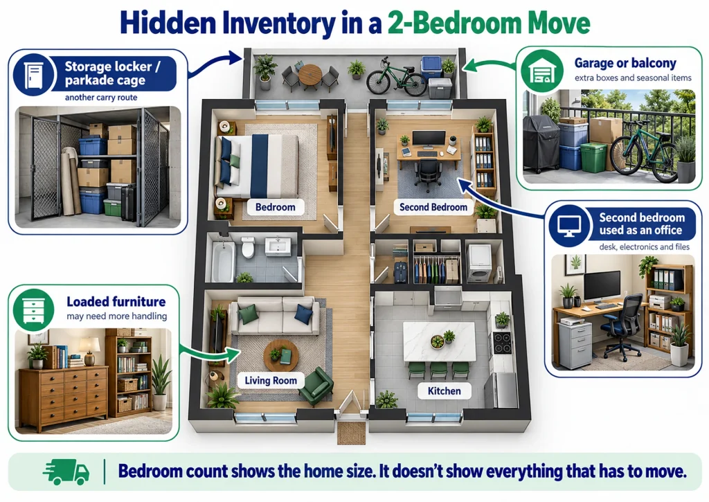 Floor plan showing storage, balcony items, a home office and loaded furniture often missed in a two-bedroom moving estimate