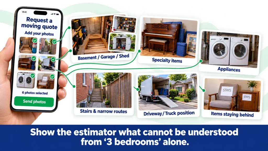 Homeowner sharing photos of the basement, garage, appliances, stairs and driveway before getting a moving estimate