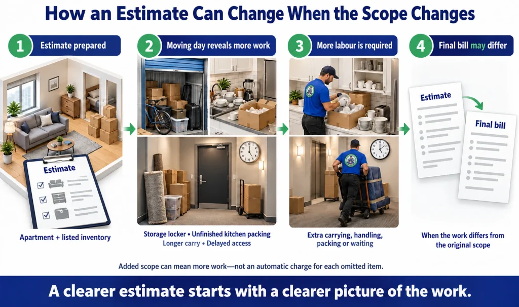 Moving estimate flow showing how added storage, packing, carrying distance or access delays can increase the work involved