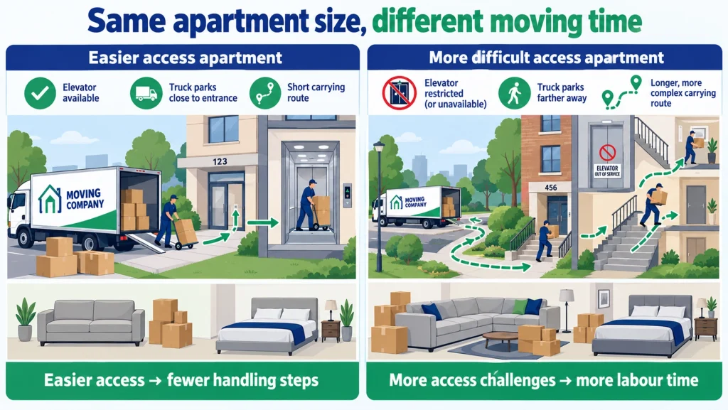Two one-bedroom apartment moves compared by elevator access, parking distance and furniture handling