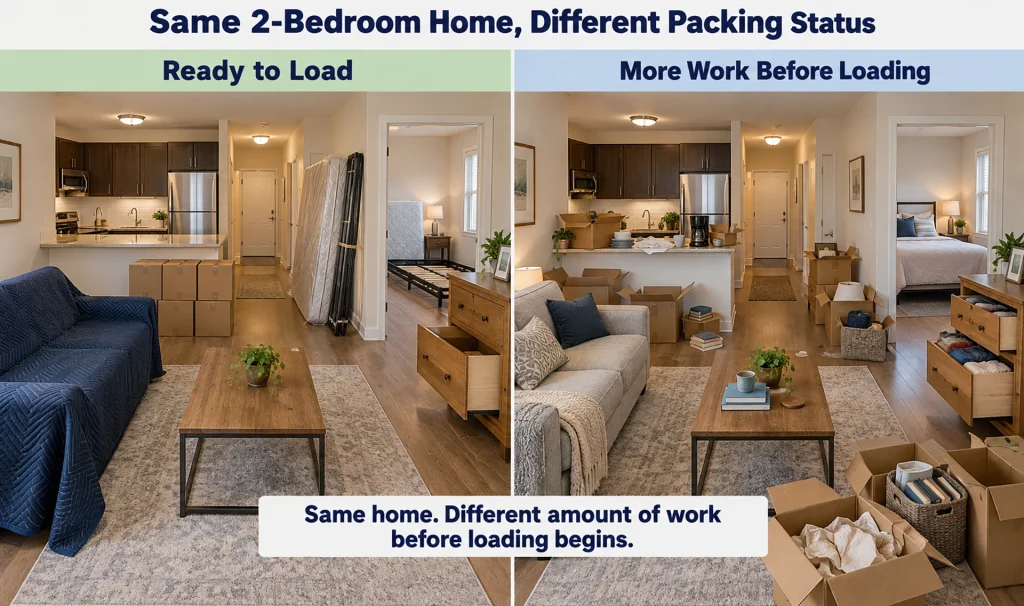 Same two-bedroom home compared fully packed on one side and partly packed with loose items on the other